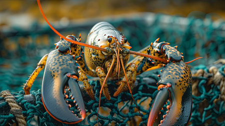 Lobster on a fishing net. Close-up. Selective focus.の素材