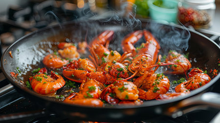 close up view of delicious cooked lobster with parsley in frying panの素材
