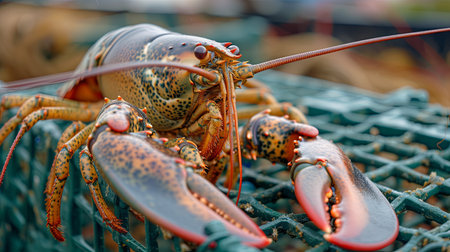 Lobster on a fishing net. Close-up view.の素材