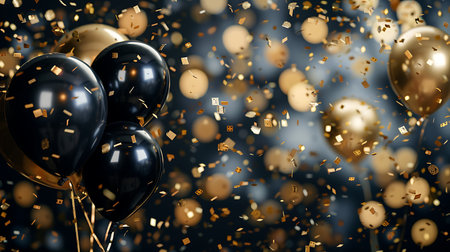 Black balloons with golden confetti and ribbons. 3d renderingの素材