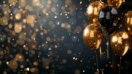 Gold and black balloons with confetti on black background. 3D Renderingの素材