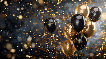 Black and gold balloons with golden confetti. 3D Renderingの素材