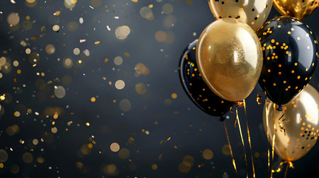 Golden and black balloons with confetti on dark background. Holiday conceptの素材