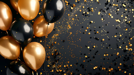 Black and gold balloons with confetti on dark background. 3D Renderingの素材
