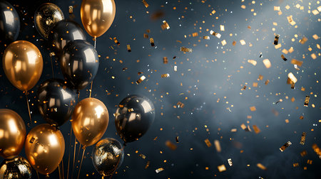 Golden and black balloons flying in the dark with confetti. 3D Renderingの素材