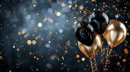 Black and gold balloons with bokeh background. 3D Renderingの素材
