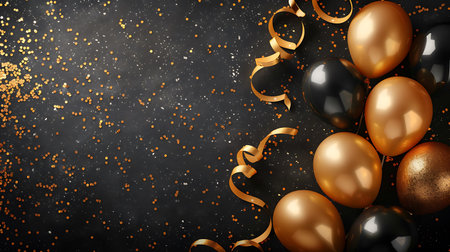 Holiday background with gold and black balloons, confetti and ribbons. 3d renderの素材