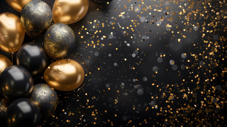 Golden and black balloons with confetti on black background. 3d renderingの素材