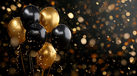 Black and gold balloons with confetti on black backgroundの素材