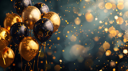 Golden and black balloons with confetti on bokeh background. 3D Renderingの素材
