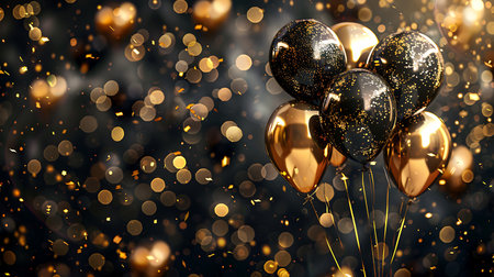 Gold and black balloons with bokeh background. 3d renderingの素材