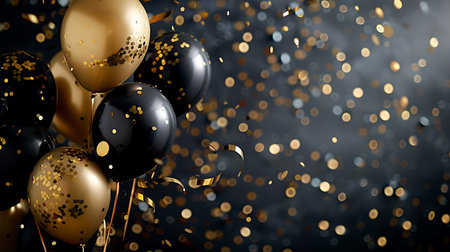 Black and gold balloons with confetti and ribbons on dark backgroundの素材