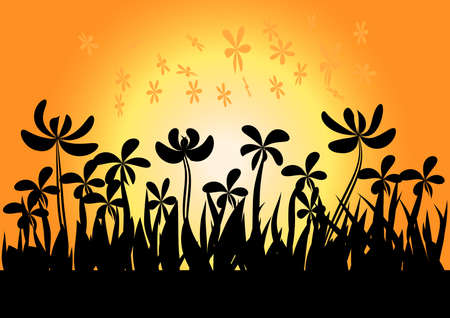 sundown background sunset and grass  flowersのイラスト素材