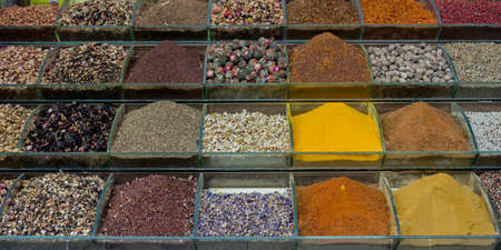 counter with oriental spices and Turkish herbal teasの写真素材