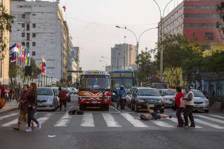 LIMA, PERU - AUG 29TH 2015: People walking in the center of Lima, Peru.のeditorial素材