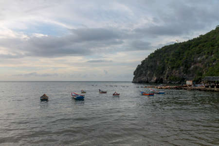 Boats anchored off the coast of Rio Caribe, Venezuelaの写真素材