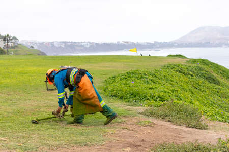 Gardener trimming the grass in a parkの写真素材
