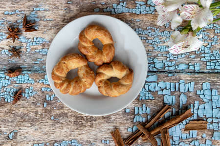 Delicious cookies at breakfastの写真素材
