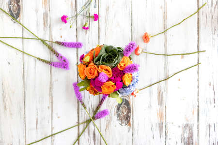 Colorful floral arrangement with hydrangeas and rosesの写真素材