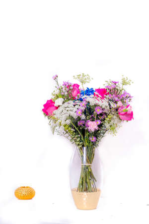 Floral arrangement with roses, carnations, blue hydrangea, snowflake, roses, carnations, blue hydrangea, snowflakeの写真素材