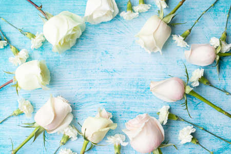 Set of white roses on aquamarineの写真素材