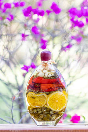 Jar with pickled vegetables on wood tableの写真素材
