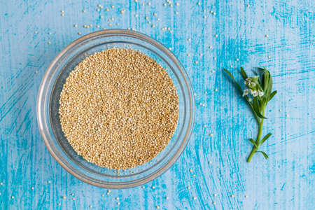Raw quinoa grains inside transparent bowl, on blue tableの写真素材