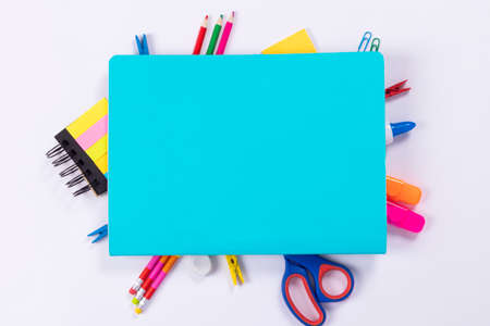 Back to school background with supplies and notebook, copy-space.の写真素材