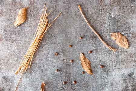 Marbling gray background with dried leaves on the edgeの写真素材