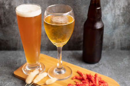 View of beer served in two glassesの写真素材