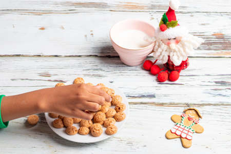 Cute little girl is playing with Santa's cookies and milk at Christmasの写真素材