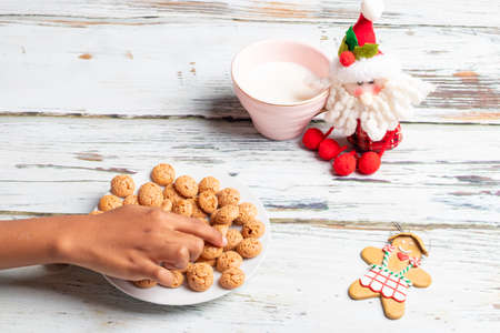 Cute little girl is playing with Santa's cookies and milk at Christmasの写真素材