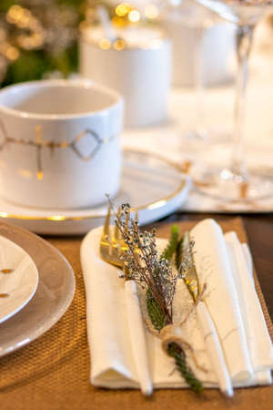 Elegant table set for Christmas dinnerの写真素材
