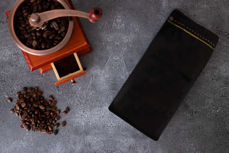 Coffee package presentation on gray backgroundの写真素材