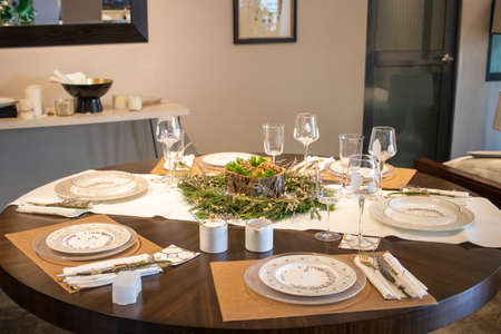 Elegant table set for Christmas dinnerの写真素材