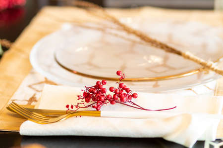 Elegant table set for Christmas dinnerの写真素材