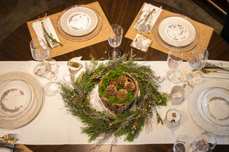 Elegant table set for Christmas dinnerの写真素材