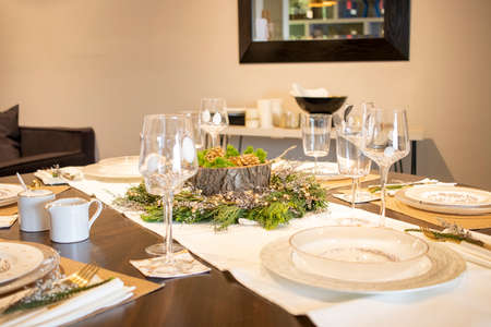 Elegant table set for Christmas dinnerの写真素材