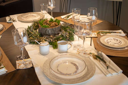 Elegant table set for Christmas dinnerの写真素材