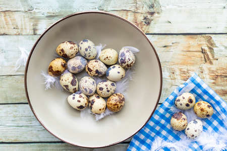 Quail eggs inside a decorative plate and on a backgroundの写真素材