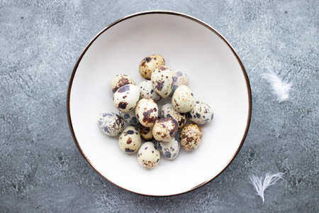 Quail eggs inside a decorative plate and on a backgroundの写真素材