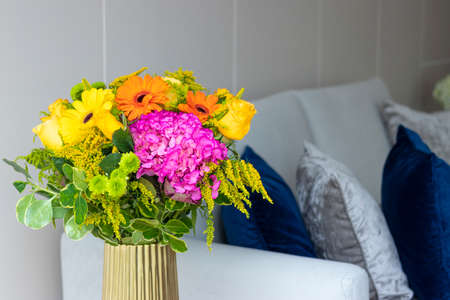 Hydrangea flower arrangement in a nice living roomの写真素材