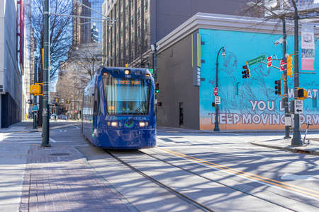 Atlanta, USA - Jan 18th 2021: Blue streetcar in downtown Atlanta, USAのeditorial素材