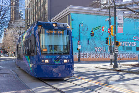 Atlanta, USA - Jan 18th 2021: Blue streetcar in downtown Atlanta, USAのeditorial素材