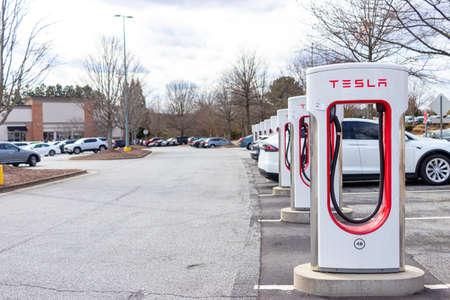 BUFORD, USA - JAN 17TH 2021: Electric charging station for Tesla vehicles in Buford, USA.のeditorial素材