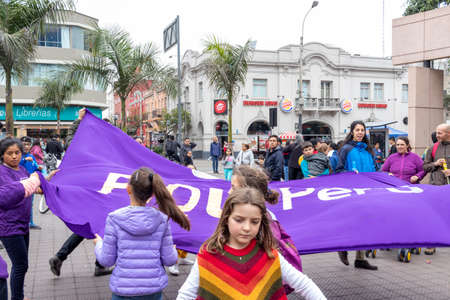 LIMA, PERU - SEP 08TH 2019: March of the members of the FIQUI Association of Peru in the District of Miraflores in September 2019 in Peru.のeditorial素材