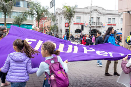 LIMA, PERU - SEP 08TH 2019: March of the members of the FIQUI Association of Peru in the District of Miraflores in September 2019 in Peru.のeditorial素材
