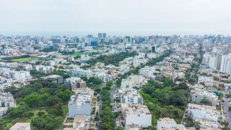 Lima, Peru - Feb 21th 2021: Aerial view of Roca y BoloÃ±a Avenue in the Municipality of Miraflores in Limaのeditorial素材