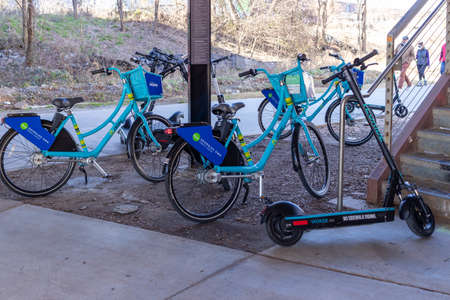 Atlanta, USA - Jan 18th 2021: City bikes available to rent to encourage people to use alternative transportation that is good for health and the environment.のeditorial素材