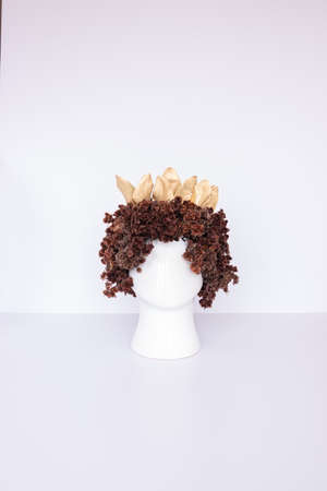 Flower arrangement with dried brown flowers with head shaped potの写真素材